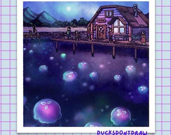 Dance of the Moonlight Jellies: 6x6 Square Art Print | Cozy Stardew Valley Game Decor for Dorm Rooms, Frame, Bulletin Board, Locker, Gift