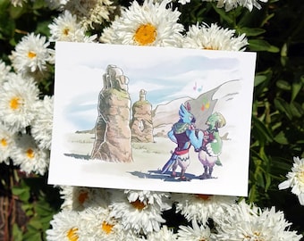 May include: A watercolor print featuring two anthropomorphic bird-like characters in a landscape with stone formations. The characters are in colorful attire, with one playing a musical instrument. The background includes a blue sky and green hills.