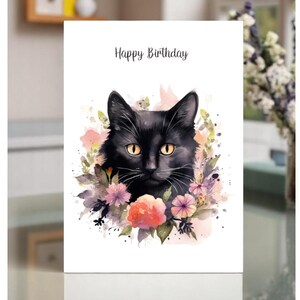 Carte d'anniversaire chat noir, carte de voeux pour les amateurs de chat noir, carte florale chat noir pour elle