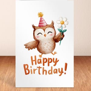 Cartão de aniversário de coruja fofo para crianças, cartão para meninos ou meninas, cartão personalizado, aniversário infantil, cartão de amante de coruja para crianças