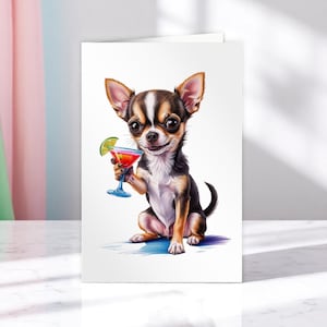 Biglietto di auguri di compleanno per lei con Chihuahua, biglietto per amanti dei Chihuahua, simpatico biglietto con cane per ragazze, cane con cocktail, biglietto A5 con Chihuahua