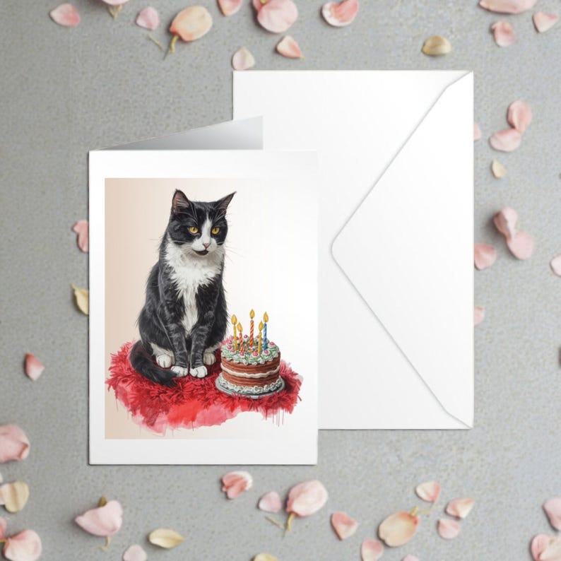 May include: Greeting card featuring a black and white cat sitting on a red cushion next to a birthday cake with lit candles. The card is accompanied by a white envelope, with scattered pink flower petals.
