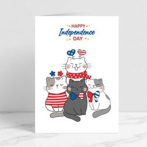 Biglietto del 4 luglio con gatti, biglietto per gli amanti dei gatti nel giorno dell'Indipendenza, celebrazione degli Stati Uniti, buon 4 luglio al popolo americano