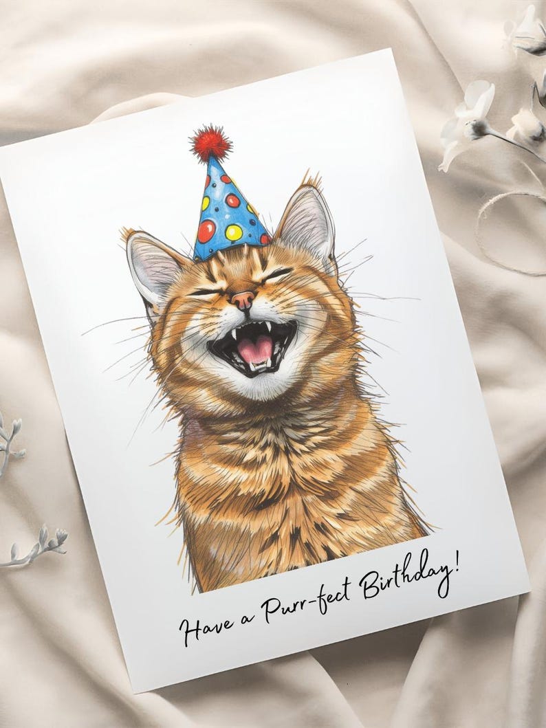 Brown Tabby Cat Birthday Card - Cute Cat Lover Card With Party Hat ...