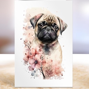 Adorable carte de voeux d'anniversaire carlin, vierge à l'intérieur, cadeau parfait pour les amoureux des chiens