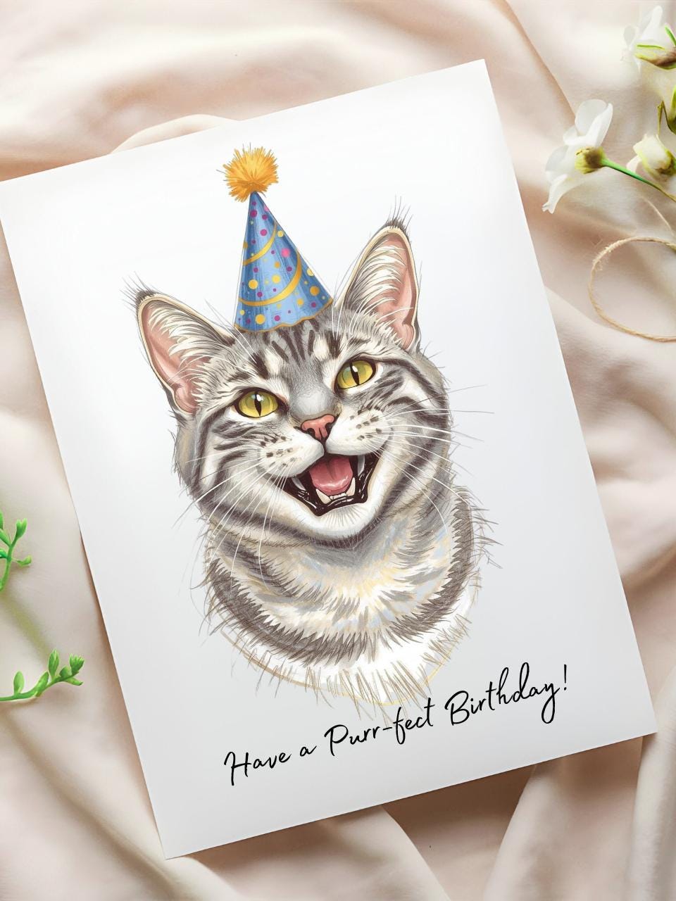 Grey Tabby Cat Birthday Card - Cute Cat Lover Card With Party Hat ...