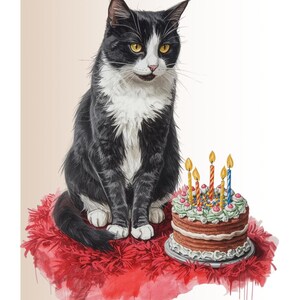 May include: A black and white cat sits on a red rug next to a birthday cake with lit candles. The cat has yellow eyes and a white chest. The cake is a multi-layered chocolate cake with white frosting and colorful sprinkles.