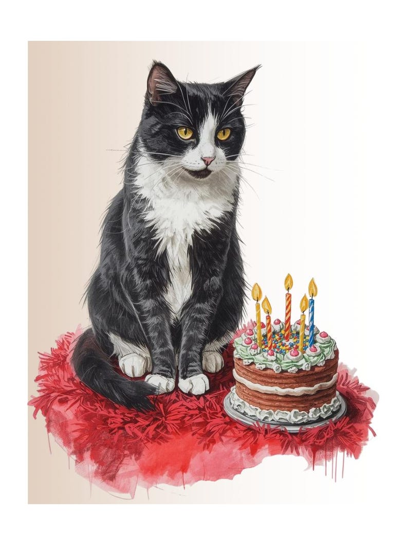 May include: A black and white cat sits on a red rug next to a birthday cake with lit candles. The cat has yellow eyes and a white chest. The cake is a multi-layered chocolate cake with white frosting and colorful sprinkles.