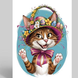 Carte de Pâques chat, chat avec bonnet de Pâques pour elle, carte de Pâques vierge, carte de Pâques drôle avec chat