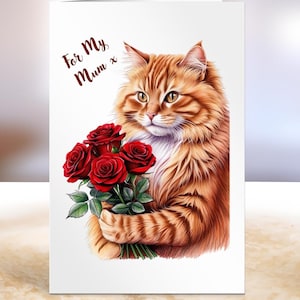 Biglietto di auguri di compleanno per la mamma con gatto rosso, biglietto con gatto e rose per una mamma molto speciale, biglietto per mamma amante dei gatti, mamma amante dei gatti
