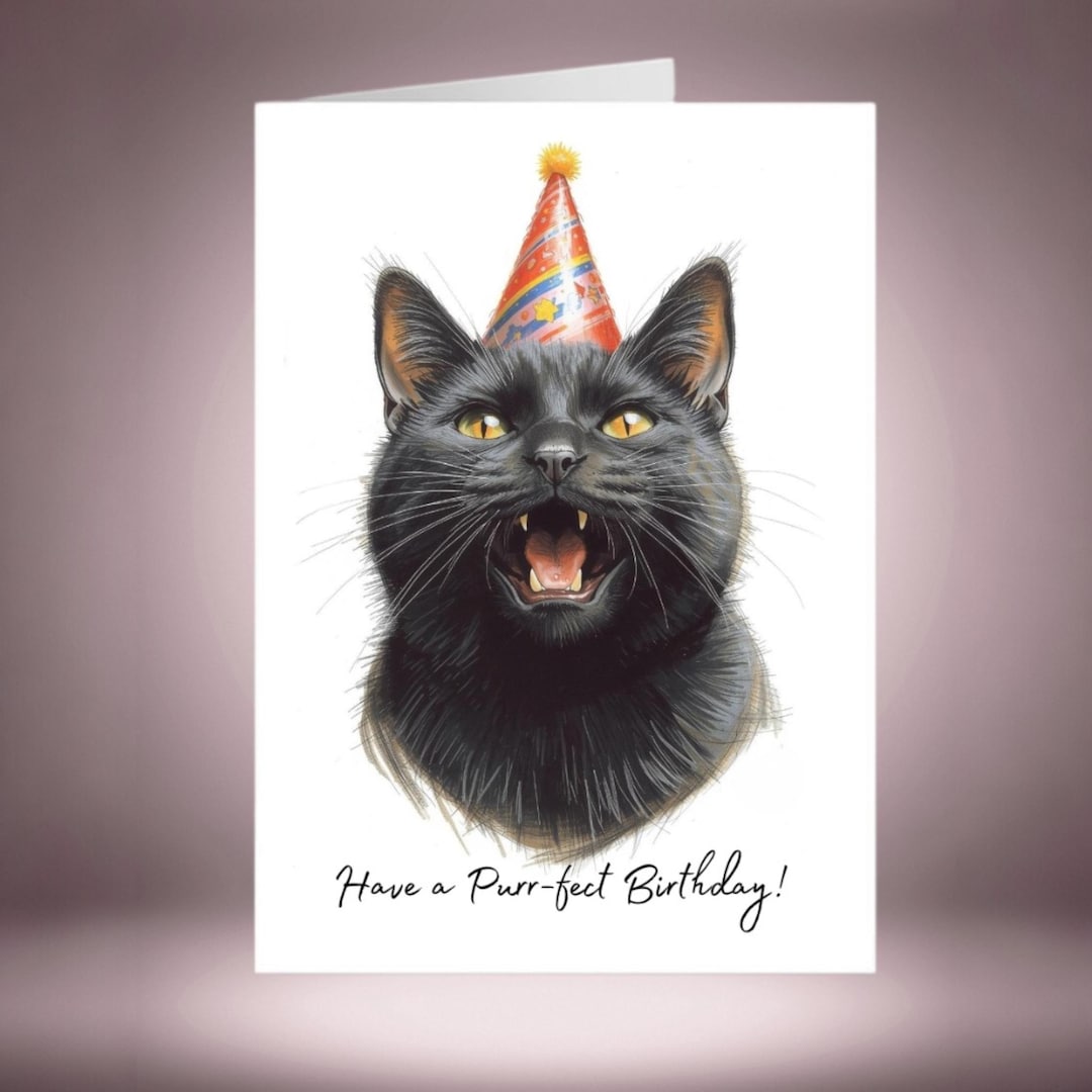 Black Cat Birthday Card - Cute Cat Lover Card With Party Hat - Birthday ...