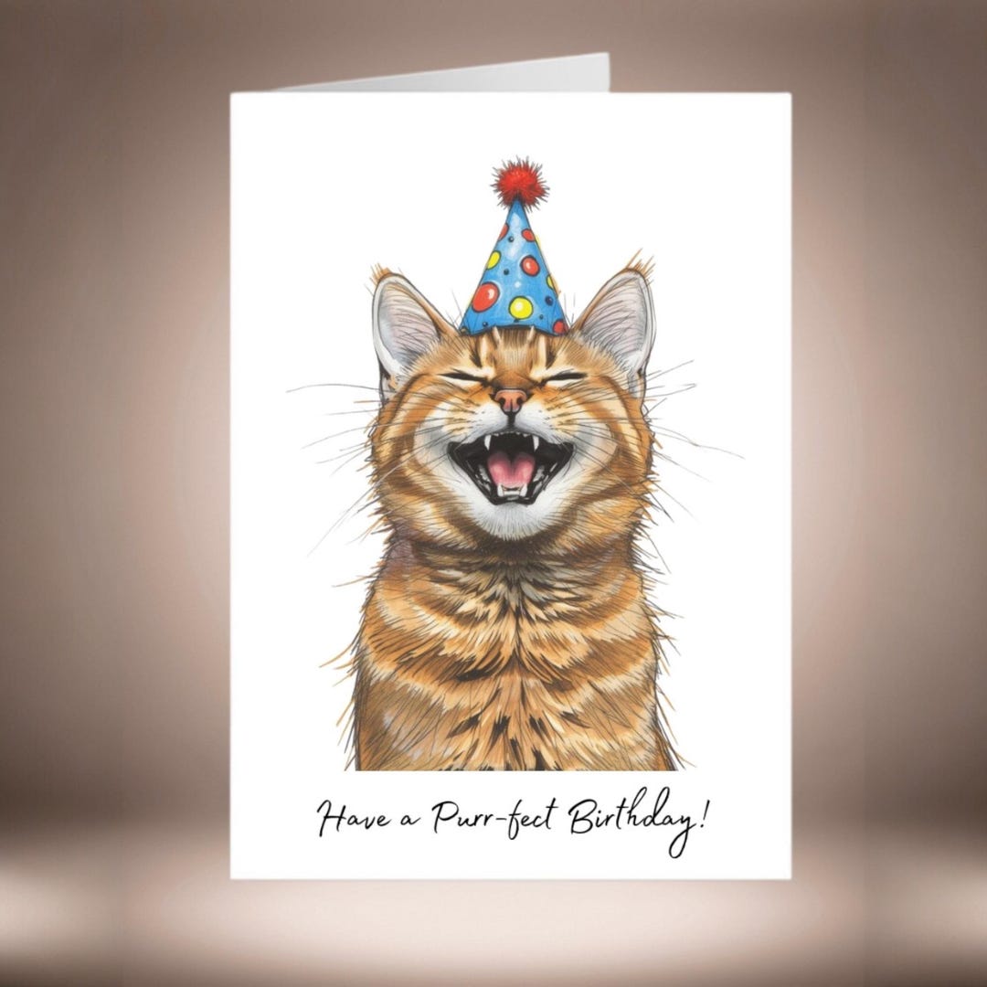 Brown Tabby Cat Birthday Card - Cute Cat Lover Card With Party Hat ...