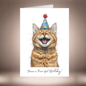 Può includere: Biglietto di auguri di compleanno con un gatto sorridente arancione tigrato che indossa un cappello da festa blu a pois gialli. Il testo "Have a Purr-fect Birthday!" è scritto in corsivo nero.
