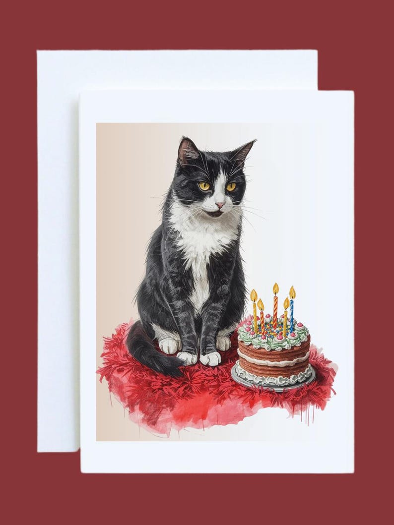 May include: A greeting card featuring a black and white cat with yellow eyes sitting on a red surface. A small birthday cake with lit candles sits in front of the cat. The card is white with a red border.