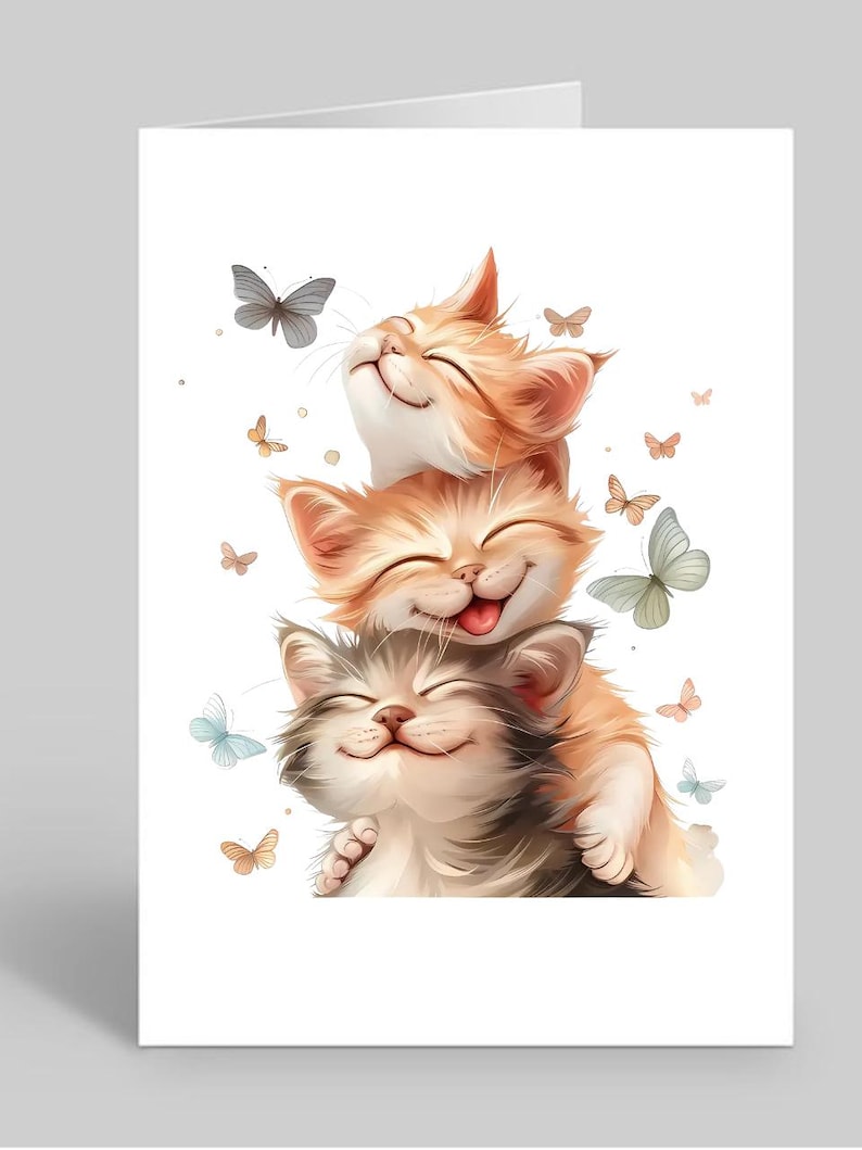 Three Kittens Card – Cute Cat Card for Birthday, Thank You, or Just Because – Adorable Kitty Illustration image 1