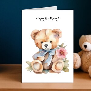 Teddy Bear with Flowers Birthday Card for Kids, Happy Birthday Wishes, Cute Floral Teddy Design for Young Children