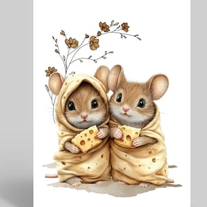Könnte beinhalten: Eine Grußkarte mit zwei entzückenden Cartoon-Mäusen, die in beige Decken gehüllt sind und jeweils ein Stück Schweizer Käse halten. Zarte braune florale Akzente befinden sich im Hintergrund. Die Karte ist auf weißem Hintergrund.