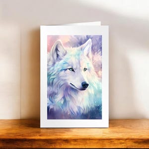 Weißer Wolf Karte, Winter Wolf schwarze Karte, Wolf Liebhaber, Wolf Geburtstagskarte, Wolf mit blauem Hintergrund