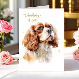 Thinking of You Karte mit König Charles Cavalier Hundeillustration, Karte für Cavalier Hundeliebhaber, Cavalier Spaniel Blanko Karte