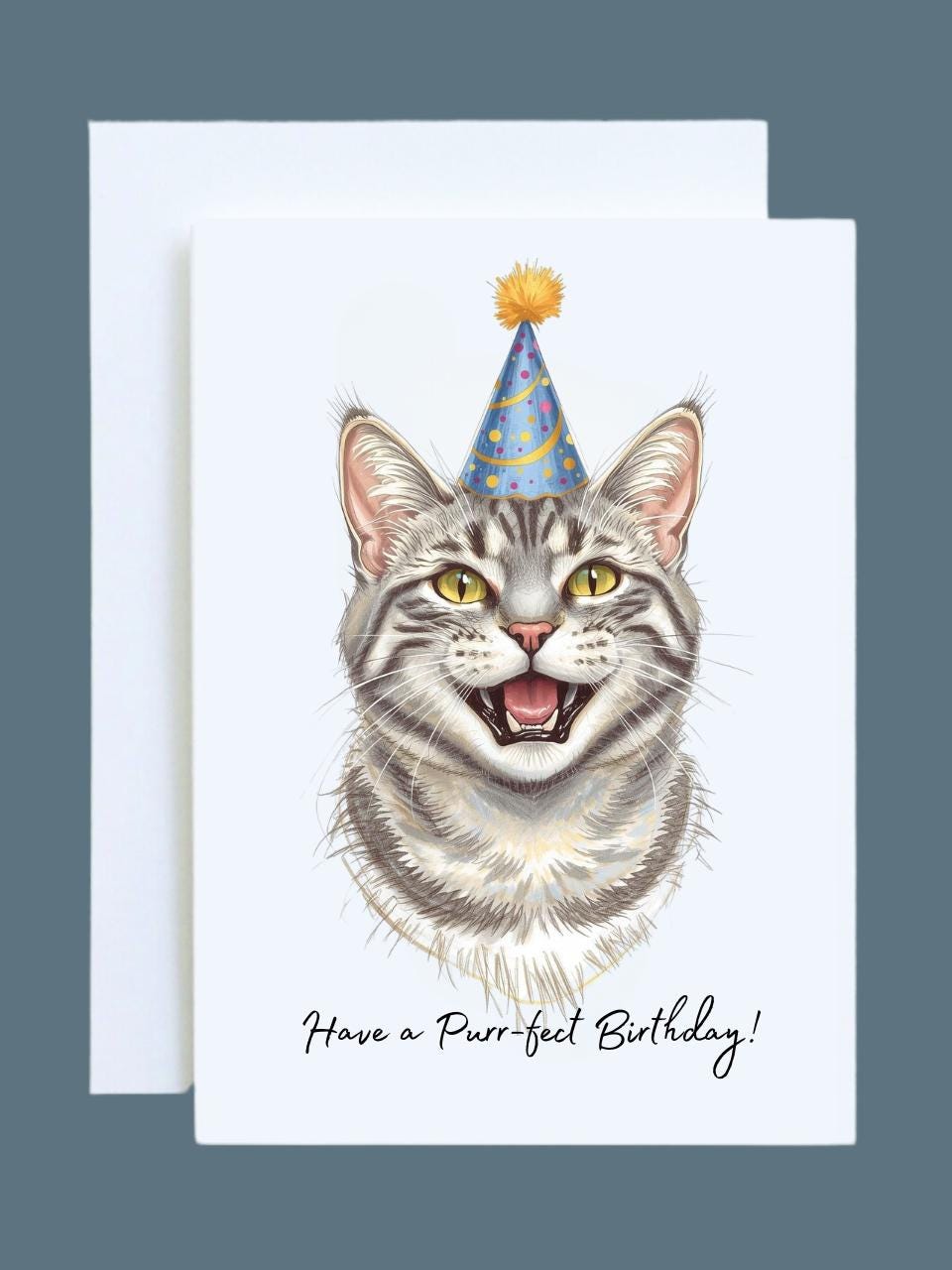Grey Tabby Cat Birthday Card - Cute Cat Lover Card With Party Hat ...