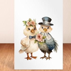 Küken Braut und Bräutigam Hochzeitskarte, an Ihrem Hochzeitstag Wünsche, niedliche Verlobungskarte, glückliches Paar