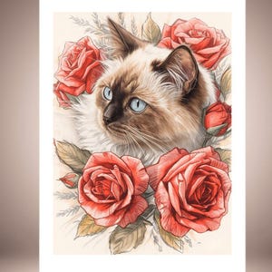 Può includere: Biglietto di auguri con un'illustrazione ad acquerello di un gatto con occhi blu, circondato da rose rosse e foglie verdi. Il gatto ha un pelo marrone e crema. Lo sfondo è beige chiaro.