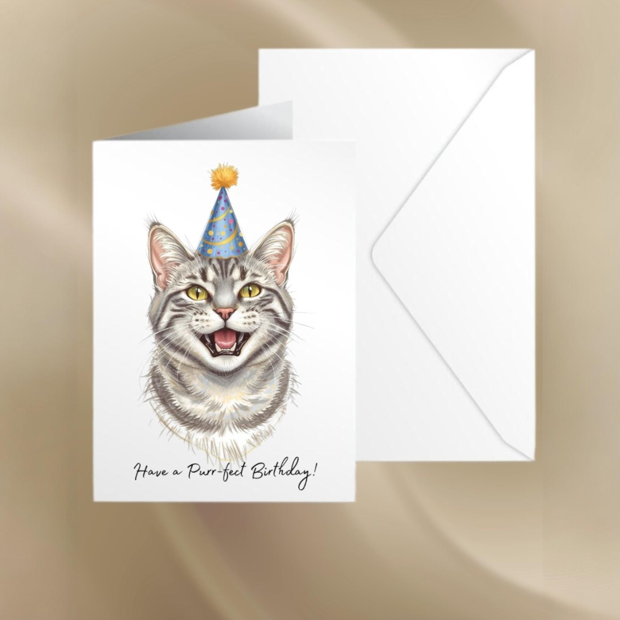 Grey Tabby Cat Birthday Card - Cute Cat Lover Card With Party Hat ...