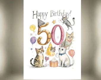 Biglietto di auguri per il 50° compleanno a tema gatto, auguri umoristici per il cinquantesimo anniversario, design felino eccentrico per gli amanti dei gatti