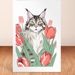 Maine Coon Cat verjaardagskaart, Main Coon-tulpen, Maine Coon Lover-bedankkaart, kaart voor kattenliefhebber, tante, nichtje