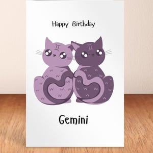 Carte d'anniversaire chat Gémeaux, anniversaire de mai, anniversaire de juin, cartes d'anniversaire du zodiaque, carte pour un ami, carte d'astrologie, horoscope Gémeaux