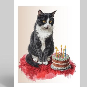 May include: A greeting card featuring a black and white cat sitting on a red surface next to a birthday cake with lit candles. The cat has yellow eyes and is looking at the cake. The cake is decorated with green frosting and sprinkles.