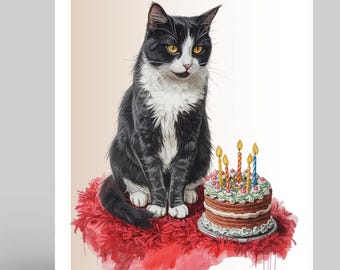Black and White Cat Birthday Card – Cute Cat Lover Greeting Card, Pet Birthday Card, Tuxedo Cat Card