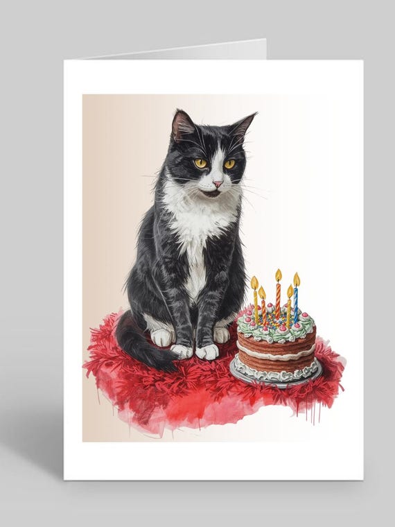 Black and White Cat Birthday Card – Cute Cat Lover Greeting Card, Pet Birthday Card, Tuxedo Cat Card
