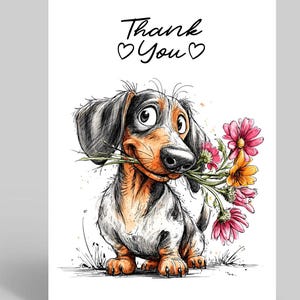May include: A white greeting card with a cartoon dachshund holding a bouquet of pink and orange flowers. The card has the words "Thank You" in black script with two hearts above and below the words.