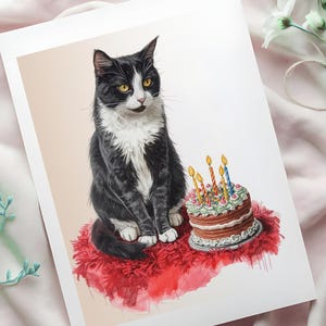 May include: A print featuring a black and white cat sitting on a red rug next to a birthday cake with lit candles. The cat has yellow eyes and is looking to the side. The cake is brown with green frosting and colorful sprinkles.