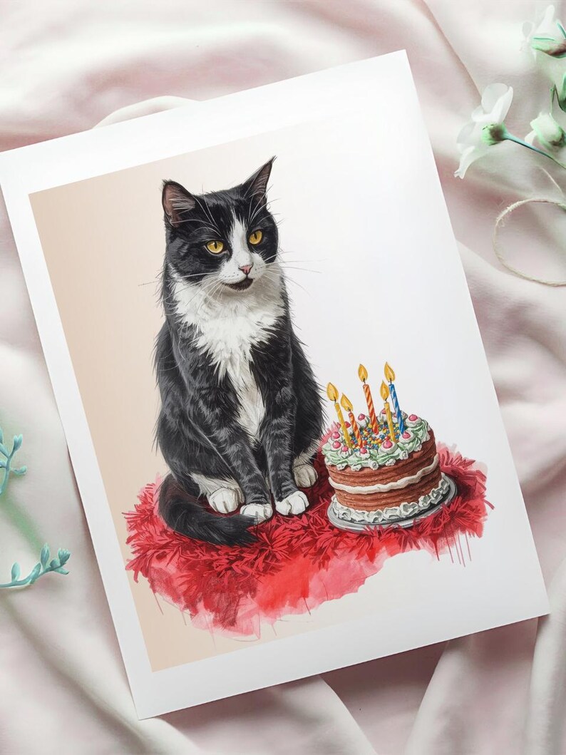May include: A print featuring a black and white cat sitting on a red rug next to a birthday cake with lit candles. The cat has yellow eyes and is looking to the side. The cake is brown with green frosting and colorful sprinkles.