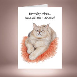 Può includere: Un biglietto d'auguri bianco con il disegno di un gatto marrone chiaro e soffice, sdraiato su un tappetino arancione brillante e testurizzato. Il testo in alto recita: Birthday Vibes.... Relaxed and Fabulous! Il gatto ha un'espressione calma e socchiusa.