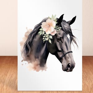 Biglietto cavallo nero, biglietto cavallo e fiori, perfetto per gli appassionati di cavalli, biglietto di compleanno a tema equino, biglietto per gli amanti dei pony