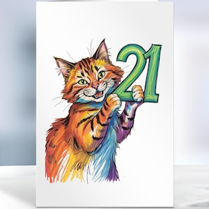 Carte d'anniversaire 21 ans pour tout le monde, carte d'anniversaire sur le thème des chats pour 21 ans, cadeau d'anniversaire pour amoureux des chats, fille garçon 21 ans