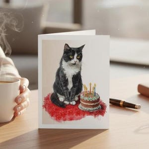 May include: Greeting card featuring a black and white cat sitting on a red cushion, with a birthday cake in front. The cat has yellow eyes and is the focal point of the illustration. The cake has lit candles.