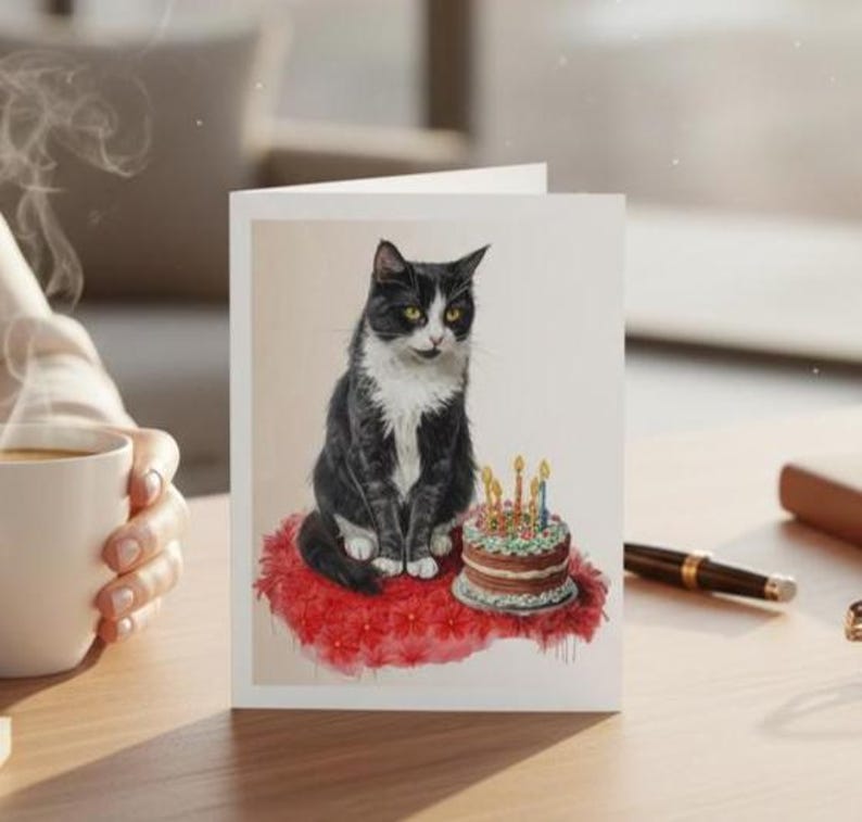 May include: Greeting card featuring a black and white cat sitting on a red cushion, with a birthday cake in front. The cat has yellow eyes and is the focal point of the illustration. The cake has lit candles.