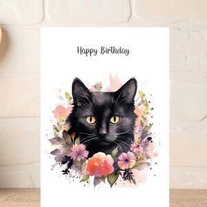 Cartão de aniversário de gato preto, cartão de felicitações para amantes de gatos pretos, cartão floral de gato preto para ela