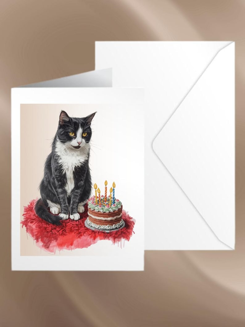 May include: A greeting card featuring a black and white cat sitting on a red cushion next to a birthday cake with lit candles. A white envelope is behind the card. The cat has yellow eyes and is looking at the cake.
