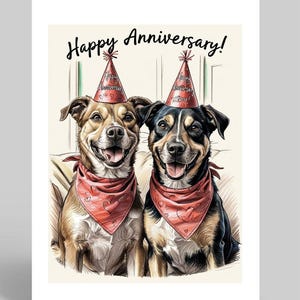 Biglietto di anniversario del cane, biglietto di buon anniversario, biglietto per festa del cane, biglietto di anniversario di matrimonio con due cani, amanti dei cani