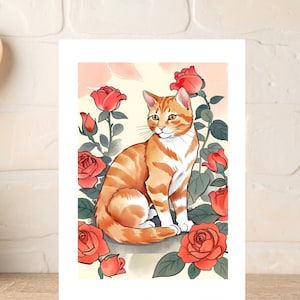 Tarjeta de felicitación de gato pelirrojo en rosas rojas para todas las edades, tarjeta de cumpleaños para ella, hermoso gato