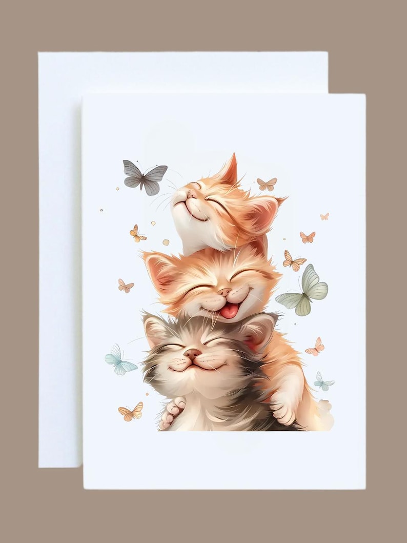 Three Kittens Card – Cute Cat Card for Birthday, Thank You, or Just Because – Adorable Kitty Illustration image 2