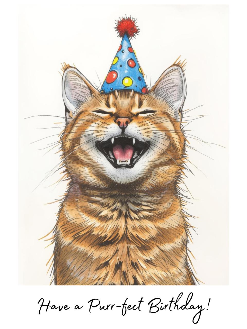 Brown Tabby Cat Birthday Card - Cute Cat Lover Card With Party Hat ...