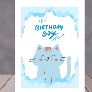Schattige blauwe kat verjaardagskaart voor jonge jongens, leuke groet voor zoon, neefje of kleintje