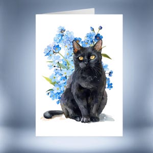 Black Cat in Flowers Greetings Card – Birthday, Thank You, Everyday Note, Blank Notelet for Cat Lovers