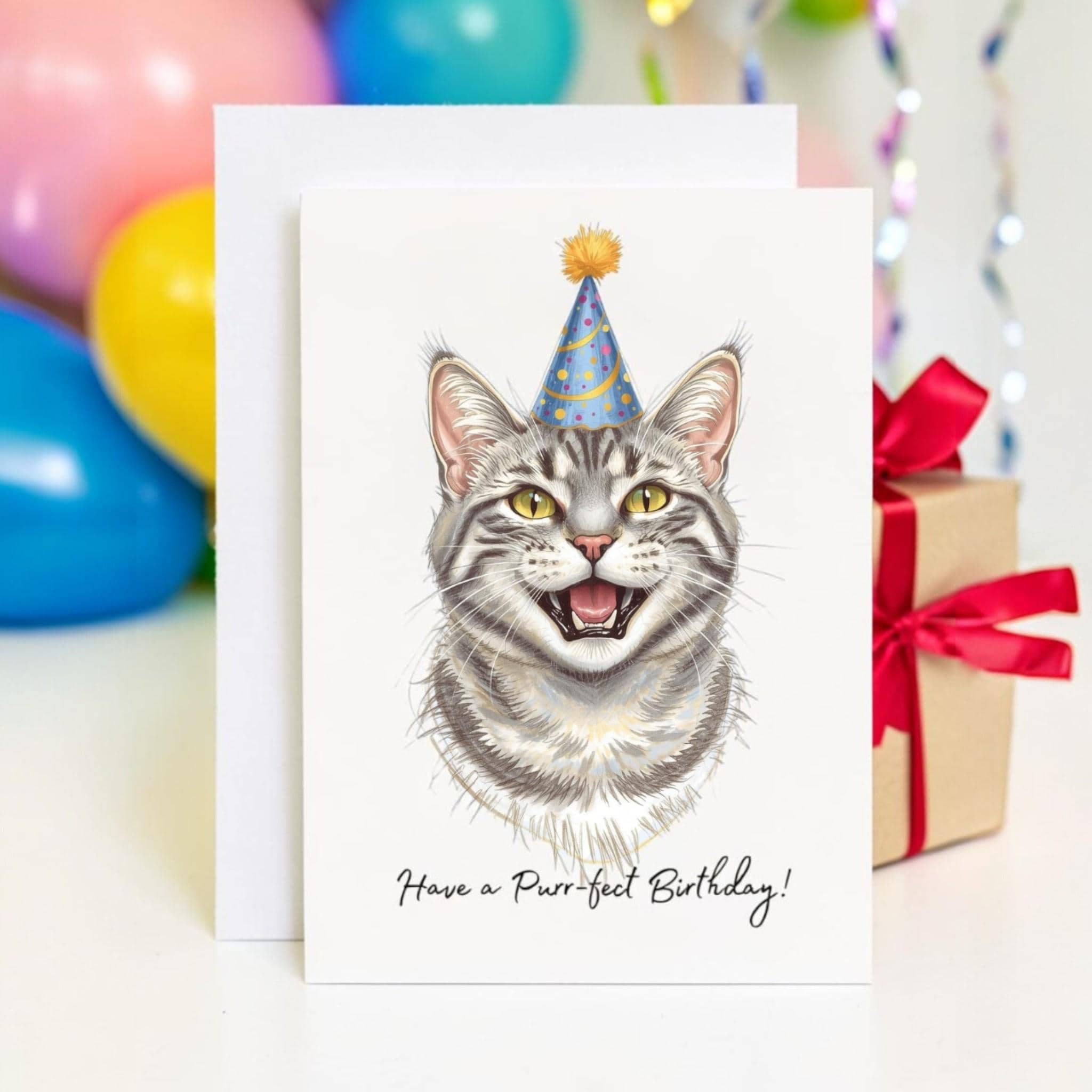 Grey Tabby Cat Birthday Card - Cute Cat Lover Card With Party Hat ...